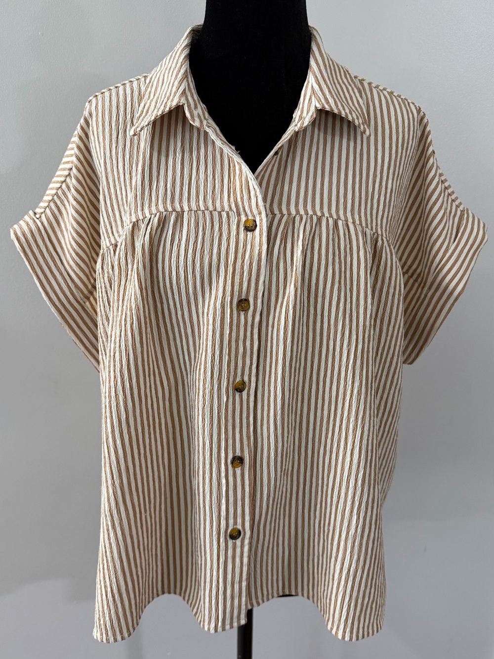 Velvet Heart Brown & Cream Striped Seersucker Cotton Women's Blouse Shirt Top